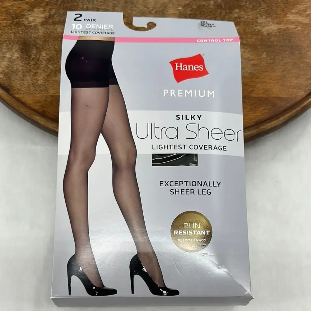 Hanes Hosiery Wm 2XL 2 Pairs Barely Black Silky Ultra Sheer Lightest Coverage
